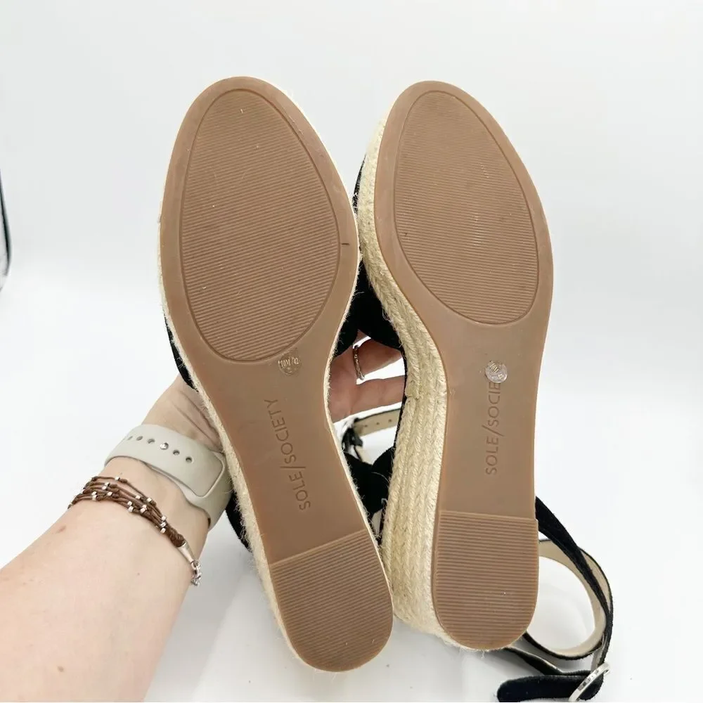 Sole Society Channing‎ Black Suede Ankle Strap Platform Espadrille Sandal 10M